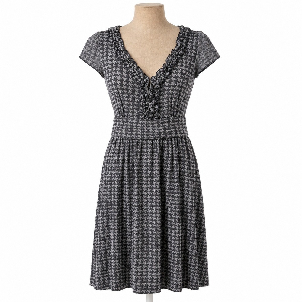 Vintage Y2K Preppy Houndstooth Babydoll Dress Size L Gray Belted Academia Ivy